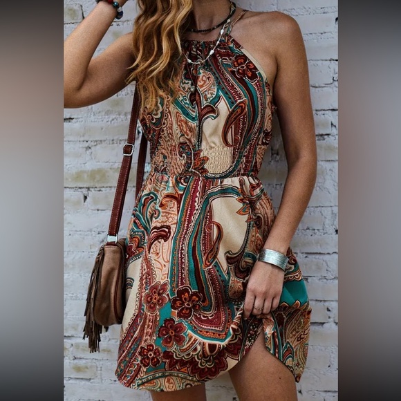 Orange and Brown Halter Sundress for Casual Occasions - Picture 4 of 4